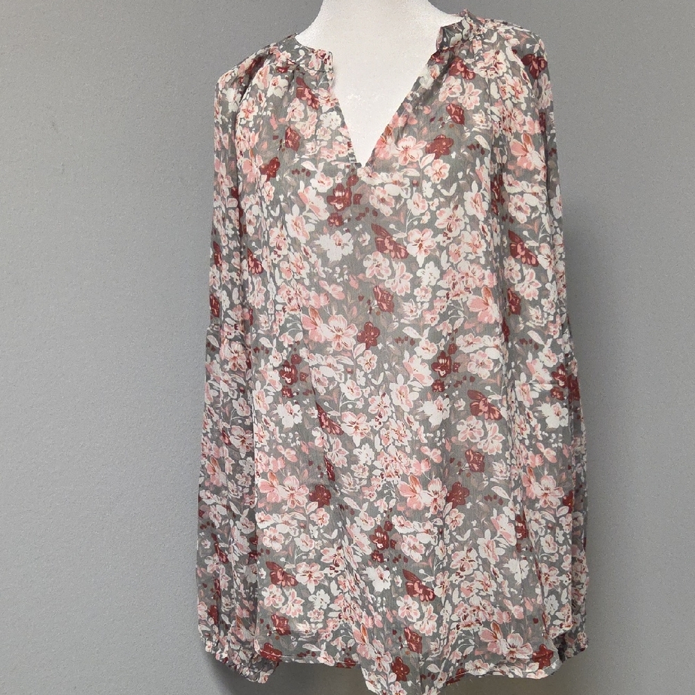 Rebecca Taylor Floral Long Sleeve Blouse in Pink and Gray